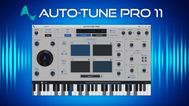 Auto-Tune Pro 11 harmony engine showing four-part harmony generation with mixing and MIDI controls