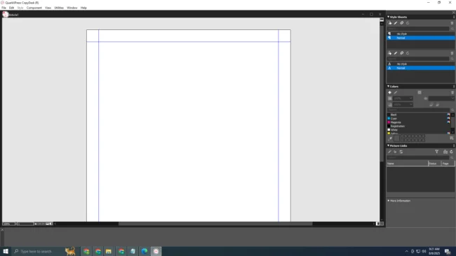 QuarkXPress 2023 page layout interface with typography controls and master pages