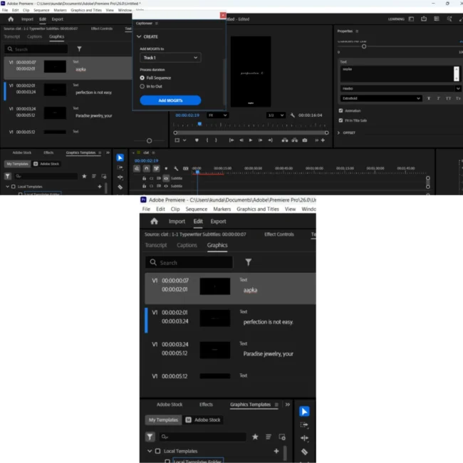 Automatic caption generation matching speech tempo in Adobe video editing software