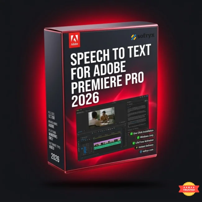 Adobe Speech to Text for Premiere Pro 2026 interface showing automatic caption generation in timeline